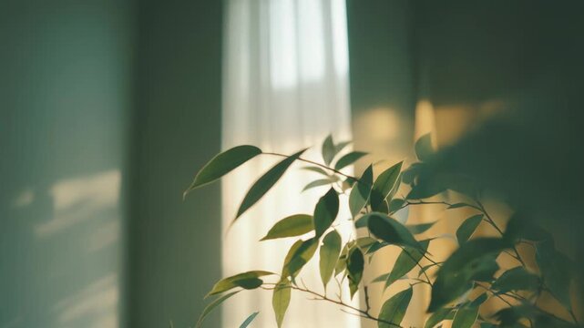 Green plant leaves are catching the warm morning sunlight coming through a window with curtains, creating a tranquil indoor atmosphere and natural shadows on the wall
