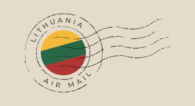 Lithuania air mail stamp featuring the national flag in a grunge postmark, a vintage vector for travel.