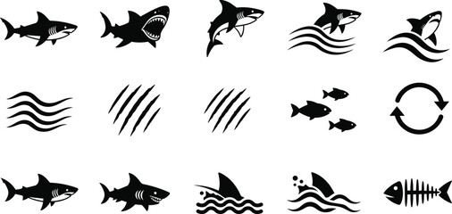 Fototapeta premium Shark vector icons set, black silhouettes of ocean predators, fins, waves, bites, marine symbols for fishing, danger, nautical graphic design