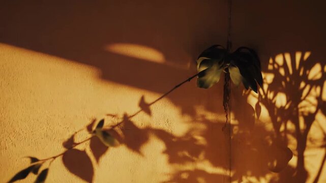 Warm sunlight illuminates a textured wall, forming intricate shadows of a leafy plant, creating a peaceful natural pattern and emphasizing light and shade contrast