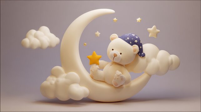 Teddy Bear on Moon with Stars, Sweet Dreams Illustration, Nighttime Lullaby
