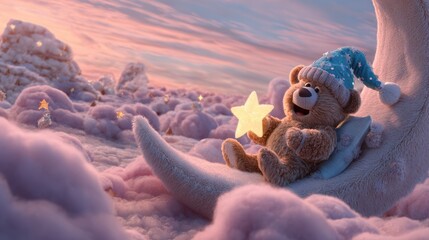 Naklejka premium Dreamy Night: Teddy Bear on the Moon Holding a Glowing Star in Cloudscape