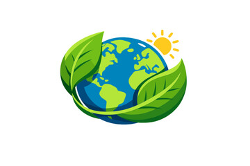 Global symbol of nature with green leaves and sun shining over the Earth in a simple design representing sustainability and environmental awareness