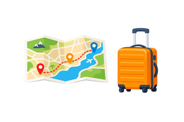 Planning a trip with a travel map and a suitcase showing travel ideas and adventure routes along a river