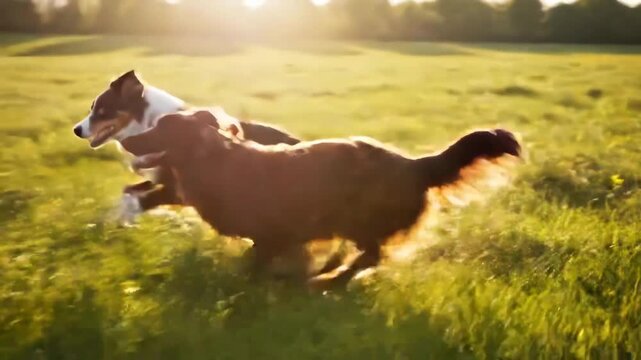 Dogs playing in a field of flowers 4k Video