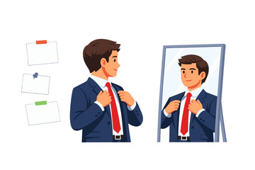 Man adjusting tie while looking at mirror in office setting with notes on board in background during morning hours