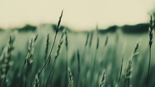Wild grass blades with emerging seed heads gracefully swaying, bathed in soft, natural light, creating a serene and captivating natural minimalist abstract pattern