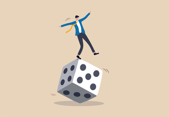 Investment risk, stock trader, gambling, uncertainty, possibility of losing money or make a profit from investment concept, greedy investor man dare trying to balance himself on spinning unstable dice