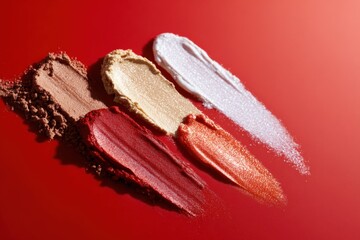 Vibrant makeup swatches on red background: four shimmering shades