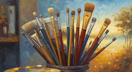 Fototapeta premium Paintbrushes in a cup with background landscape