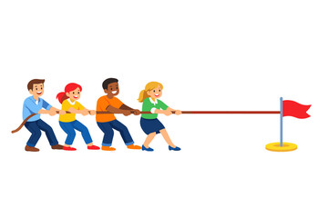 Fototapeta premium Group of four people pulling a rope in a tug of war game at a sport event in a park during the afternoon