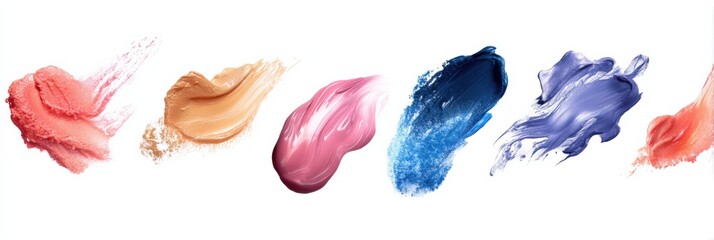 Vibrant makeup swatches in various colorful textures on white background