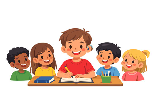 Students are gathered around a table as one child writes in a notebook while others watch and smile during a classroom activity in a bright setting