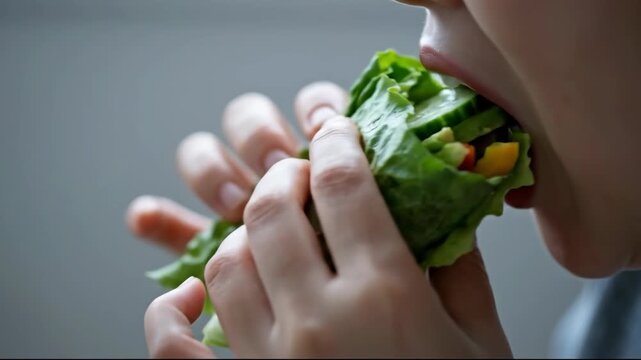 Lettuce wrap healthy fresh vegetables bite. cucumber, bell pepper, avocado hand held snack delight
