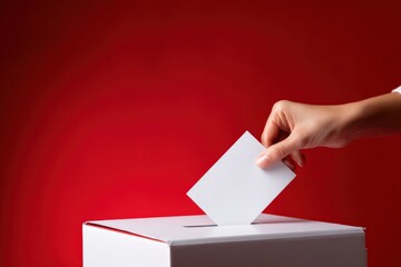 Hand casting vote into ballot box against red background