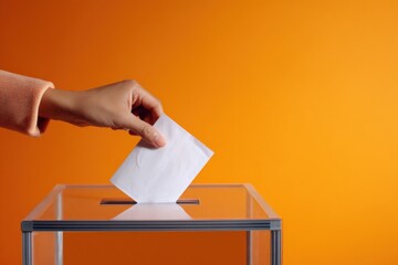 Close-up of a person casting vote into a transparent ballot box against orange background