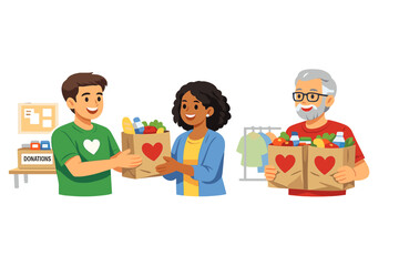 Volunteers exchange food donations at a community center during a charity event in the afternoon