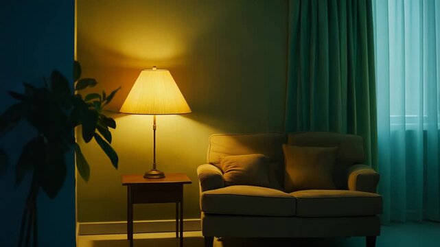 Warm lamp glow bathes a cozy sofa and side table in a dim living room, casting soft shadows and creating a tranquil, inviting evening atmosphere for relaxation
