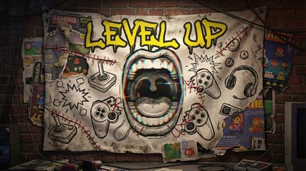 Level Up gaming poster with retro controllers and vintage video game art on brick wall