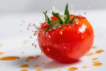 Fresh red tomato splashing in water droplets on white background