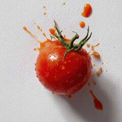 Bright red tomato splash on white surface capturing freshness and juiciness