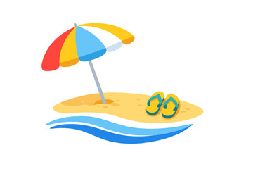 Obraz premium Colorful beach umbrella with flip-flops on sandy shore near ocean wave during sunny day highlights summer vibes and relaxation for beachgoers
