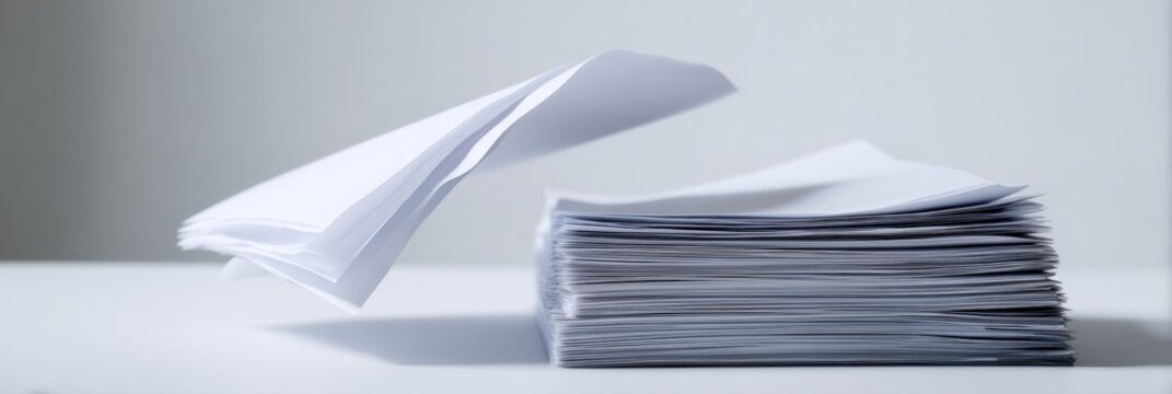 Flying paper over stack on minimalist white background