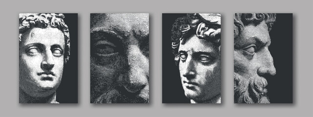 Engraving statue face. Greek roman mythology god, italian antique vintage portrait renaissance artwork david sculpture laocoon myth old money halftone posters vector illustration