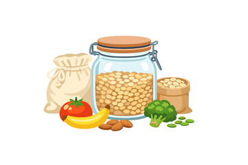 Fresh ingredients for healthy cooking with nuts, grains, and vegetables in a kitchen setting