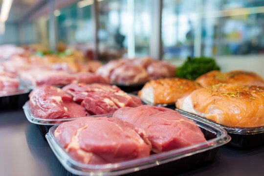 Assorted raw meats displayed in market counter