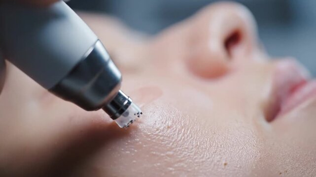 Observing a detailed skin treatment session, where a modern device carefully targets facial areas for rejuvenation, enhancing complexion and promoting healthy skin with precision