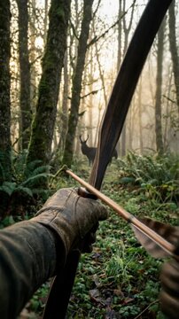 Hunter aiming bow and arrow at buck deer in misty forest at dawn tense anticipation