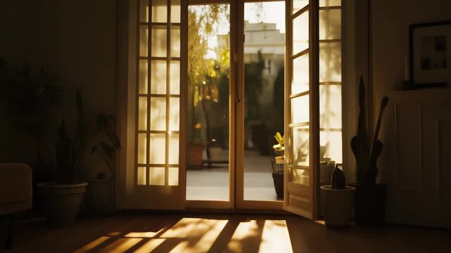 Golden hour sun rays are illuminating a bright open plan living room, casting long shadows across the wooden floor and a patterned rug, creating a peaceful and inviting domestic atmosphere