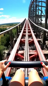 Roller coaster front seat pov hands gripping safety bar thrilling wooden track countryside view