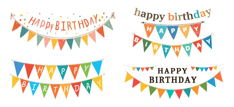 Happy birthday bunting. Paper garland flag banner, hanging pennant text party celebration anniversary carnival festive decorative adorn congratulation placard vector illustration