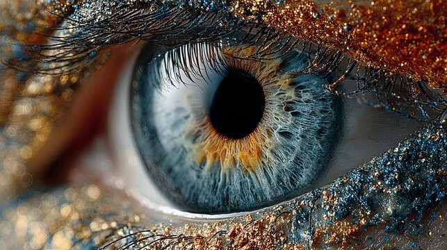 A close-up of a human eye with blue and gold sparkles on the eyelashes and skin