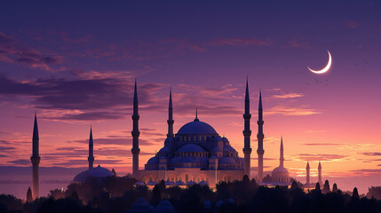 Mosque Silhouette with Golden Crescent Moon at Sunset, Ramadan Background, generate ai