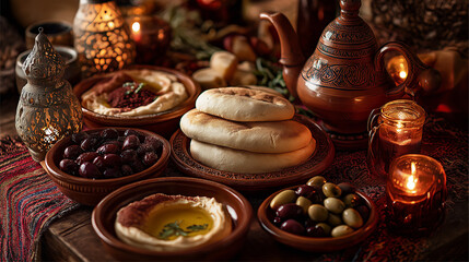 Traditional Iftar Table Setting with Dates, Tea and Glowing Lantern, Ramadan Concept, generate ai