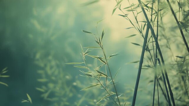Green bamboo stalks and leaves thrive in a peaceful, sun kissed natural environment, creating a calming scene reflecting growth, sustainability, and harmony