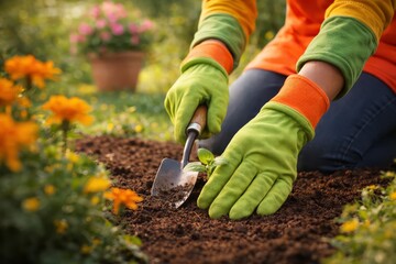 A person wearing bright green and orange gardening gloves carefully plants a small green seedling into rich, dark soil using a small metal trowel, surrounded by blooming orange flowers and lush green 