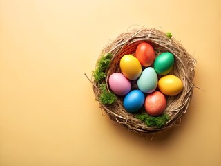 colorful easter eggs in rustic nest on yellow background spring holiday celebration concept
