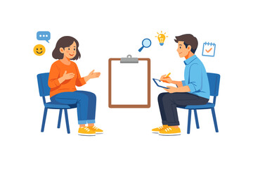 Fototapeta premium Two people have a discussion in a room, one person is seated with a clipboard while the other shares ideas during a meeting