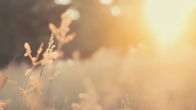 Golden hour sun backlighting fluffy dry grasses and wild plants, warm glowing bokeh and lens flare creating a peaceful, rustic meadow background at sunrise or sunset