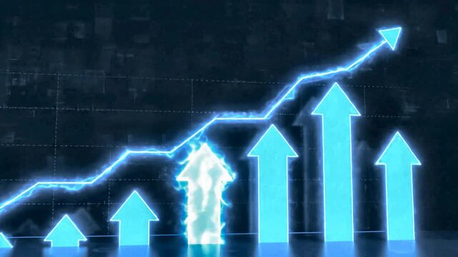 Glowing blue arrows and line graph on dark background business finance