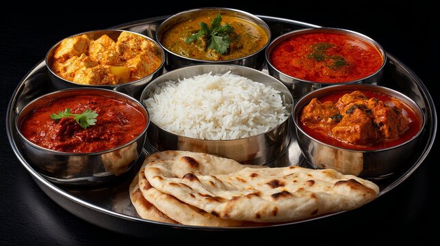A traditional Indian thali meal with various curries and naan bread on a silver platter