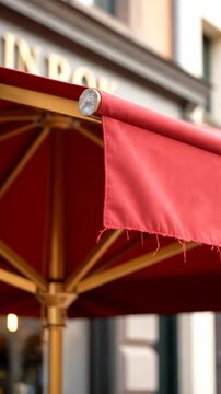 A vibrant red cafe awning offers shade on a sunny day. This classic Parisian scene evokes a sense of European charm.