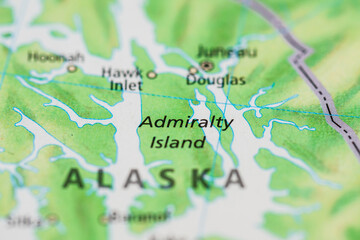 Naklejka premium Printed map highlighting Admiralty Island and Southeast Alaska.