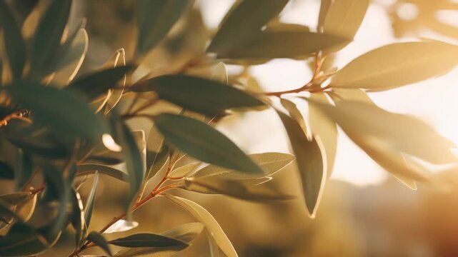 Olive tree branches with green silver leaves are gracefully illuminated by warm, soft sunlight, casting a gentle golden glow and creating a tranquil, harmonious outdoor atmosphere