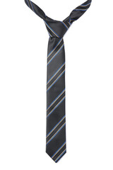 One stylish striped tie isolated on white, top view