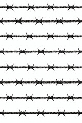 Rows of barbed wire stretch across a bright white surface, their dark metallic forms creating a sharp, repeating pattern of security.